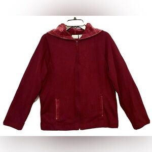 White Stag Vtg. Womens L Activewear Bordeaux Zip Front Hooded Velour Trim Jacket